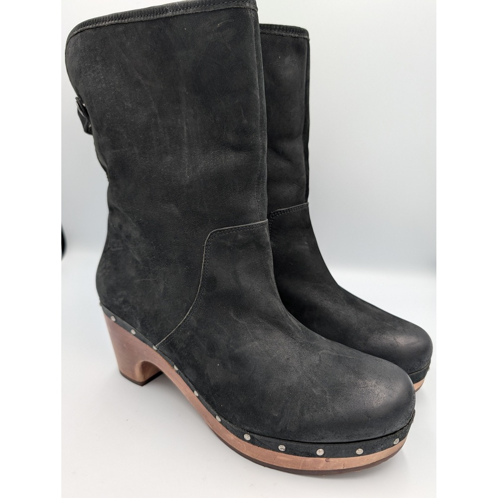 UGG Australia Lynnea Black Suede Shearling Clog Boots Wood Heel Womens 10